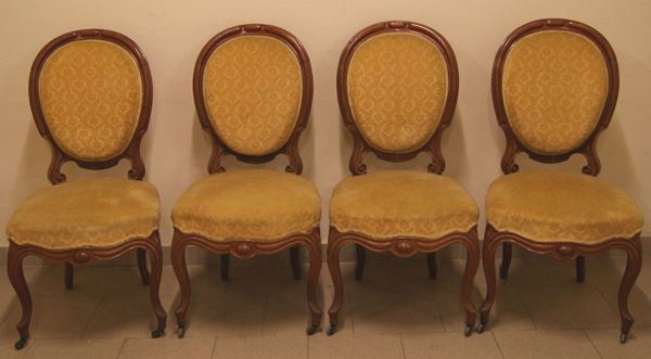 Quattro sedie, Francia, sec. XIX, in mogano, sedute imbottite e ricoperte in velluto giallo a fiori(4)