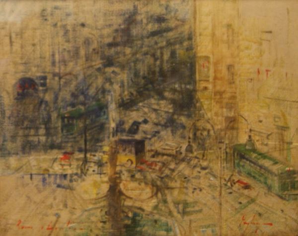 Francesco Pagliazzi (Reggello 1910- Firenze 1988) CITTA'  tecnica mista su tela, cm 50x40  - Asta Antiquariato, Collezionismo & Gioielli - Poggio Bracciolini Casa d'Aste