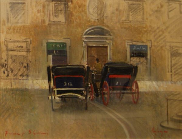 Francesco Pagliazzi (Reggello 1910- Firenze 1988)  CARROZZELLE  tecnica mista su tela, cm 60x50