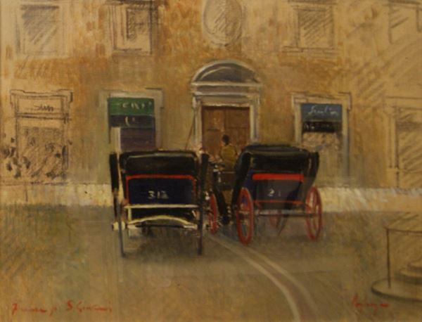 Francesco Pagliazzi (Reggello 1910- Firenze 1988)  CARROZZELLE  tecnica mista su tela, cm 60x50  - Asta Antiquariato, Collezionismo & Gioielli - Poggio Bracciolini Casa d'Aste