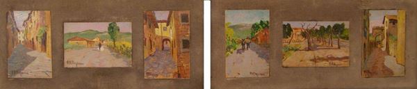 Pellegrini  coppia di quadri, ciascuno con tre piccoli dipinti  SCORCI, olio su masonite, cm 14,5x10