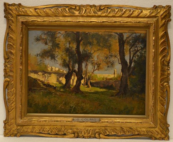 Giovanni Colmo  (Torino 1867 - 1947)     PAESAGGIO BIELLESE      olio su cartoncino, cm 26,5x36                                               firmato