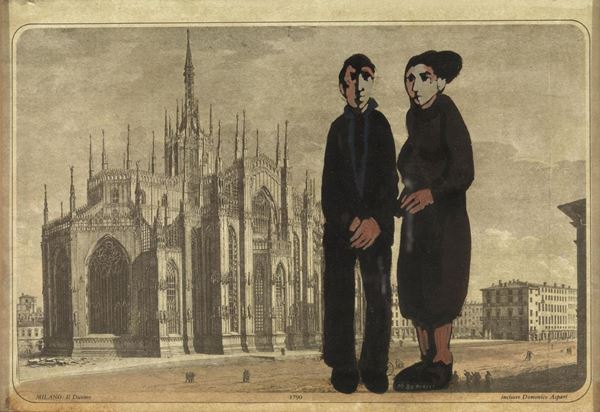 Marcello Boccacci (Firenze 1914 - 1996)       BARBONI MILANESI    olio su acquaforte, cm 25x35,5                                              firmato