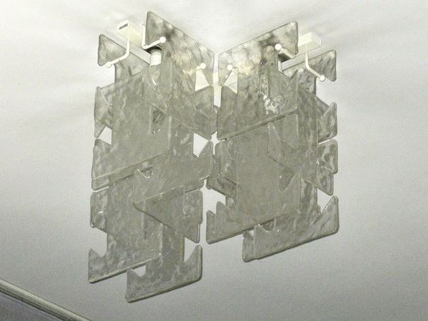 Lampadario, design Leucos, anni '80, in vetro di Murano, a quattro luci