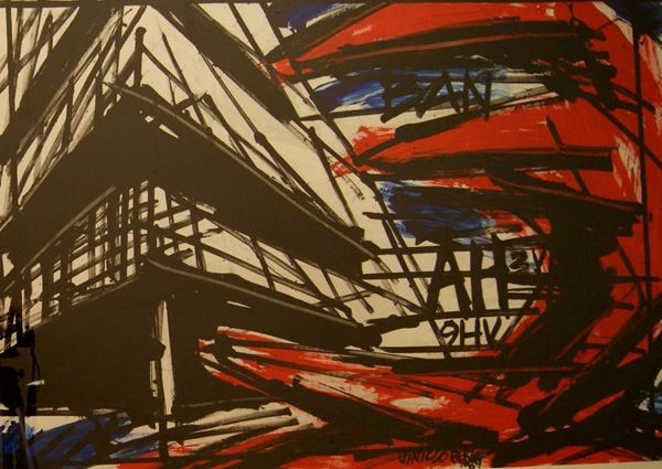 Vinicio Berti (Firenze 1921-1991)  ANTAGONISMO E COSTRUZIONE acrilico su tela, cm 100x70