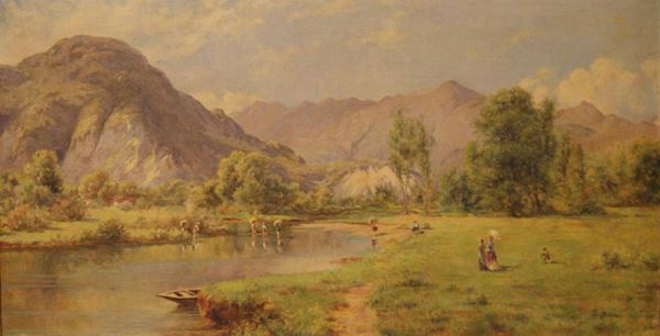 Silvio Poma (Trescore Balneario 1840-Turate 1932)  PAESAGGIO  olio su tela, cm 94x50