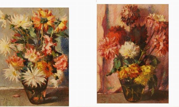 Corrado Michelozzi (Livorno 1883-1965)  FIORI  coppia di dipinti ad olio su tavola, cm 70x50 (2)  - Asta Antiquariato, Collezionismo & Gioielli - Poggio Bracciolini Casa d'Aste