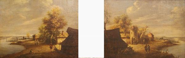 Scuola italiana, sec. XVIII  VEDUTE LACUSTRI coppia di dipinti ad olio su tela, cm 38x28 rintelati, restauri