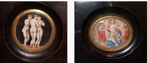 Due miniature, sec. XIX, LE TRE GRAZIE e SUSANNA I VECCHIONI, su avorio, cm 7x7 e 7x6 (2)