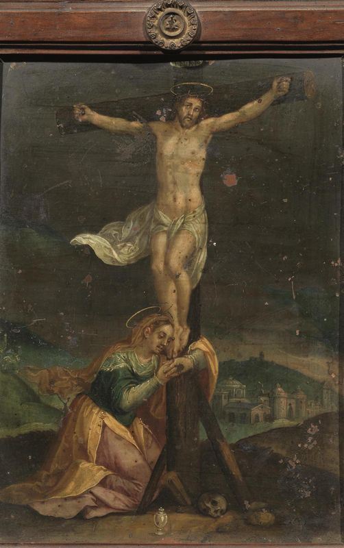 Scuola Italia settentrionale, sec. XVII                                      CRISTO CROCIFISSO E MARIA MADDALENA                                          olio su rame, cm 22,5x17