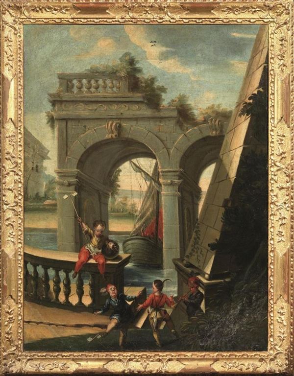 Scuola Italia settentrionale, sec. XVIII                                    VEDUTA FANTASTICA DI PORTO CON BAMBINI CHE GIOCANO                           olio su tela, cm 81,5x60,5
