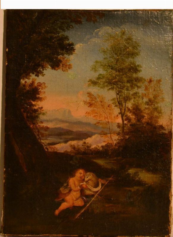 Scuola emiliana, inizi sec. XVIII                                            SAN GIOVANNINO IN UN PAESAGGIO                                               olio su tela, cm 31x23  senza cornice