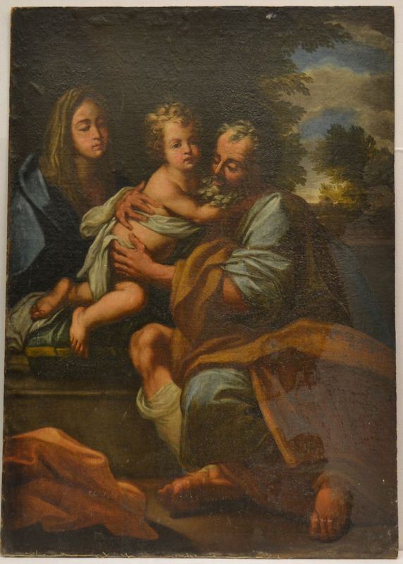 Scuola romana, sec. XVII                                                     RIPOSO DALLA FUGA IN EGITTO                                                  olio su tela, cm 97x69  senza cornice