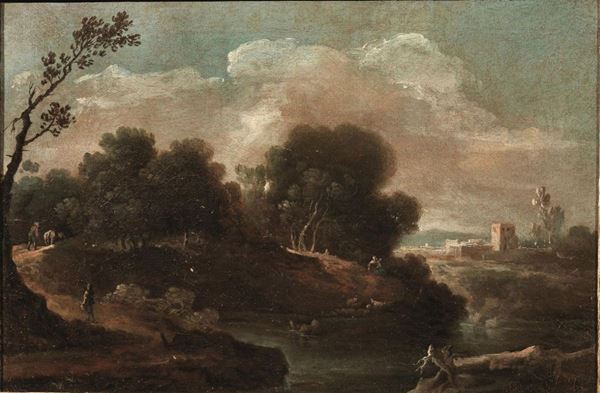 Scuola veneta, sec. XVIII                                                    PAESAGGIO FLUVIALE CON VIANDANTI                                             olio su tela, cm 46x67,5