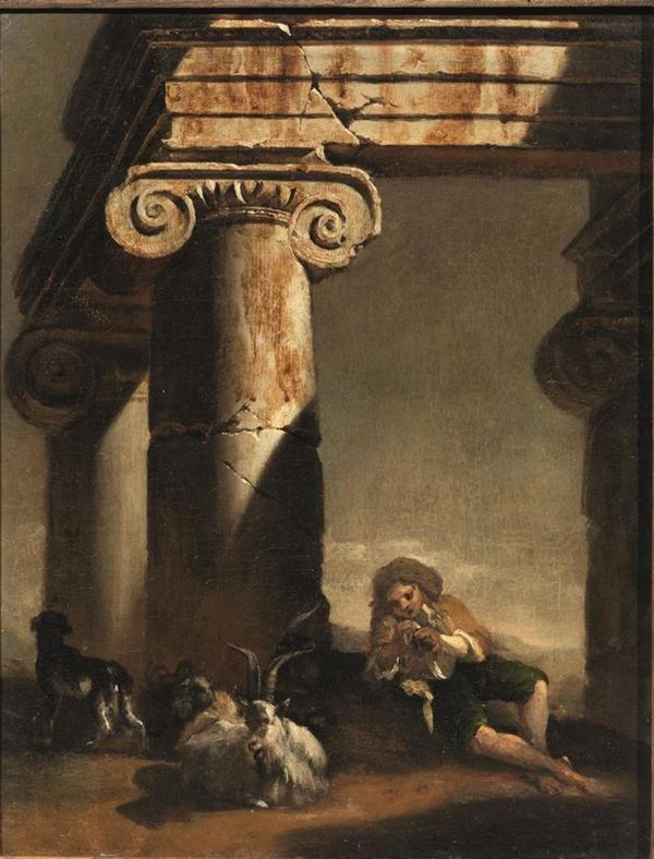 Pittore olandese in Italia, sec. XVIII                                       PASTORELLO IN RIPOSO AL DI SOTTO DI UNARCHITETTURA CLASSICA                  olio su tela, cm 43,5x34