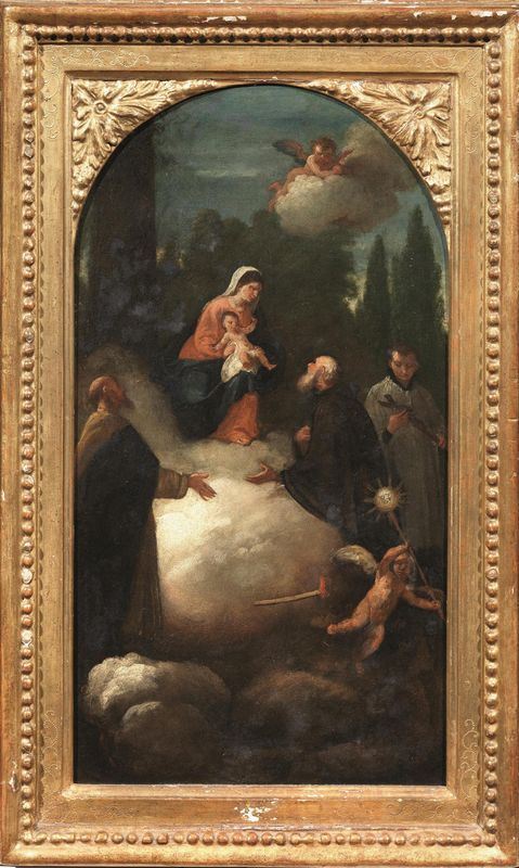Scuola veneta, sec. XVIII                                                    VERGINE CHE APPARE AI SANTI                                                  olio su rame centinato, cm 49x26,5