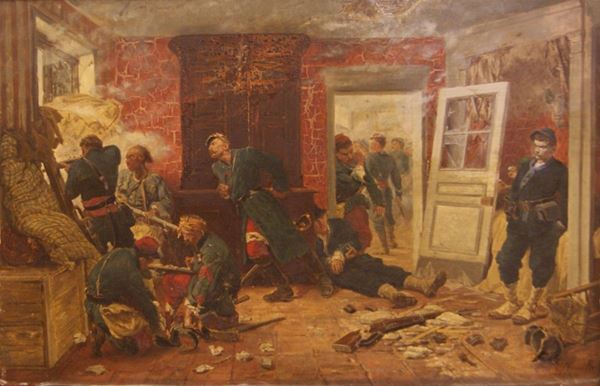 Scuola francese, inizi sec. XX  LE ULTIME CARTUCCE  olio su tavola, cm 36x24