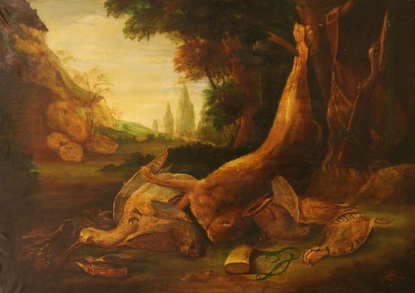 Scuola italiana, sec. XX  NATURA MORTA CON CACCIAGIONE  olio su tela, cm 118x85