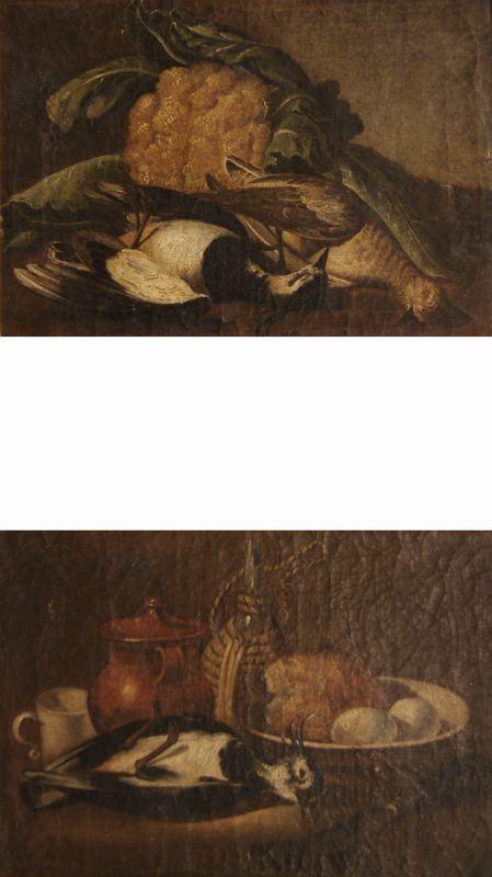 Coppia di NATURE MORTE CON CACCIAGIONE, maniera del '700, olio su tela, con cornice in legno intagliato e dorato, cm 49x34 (2)