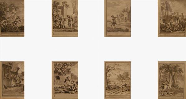 Otto stampe, fine sec. XIX, SCENE, cm 30x22 (8)