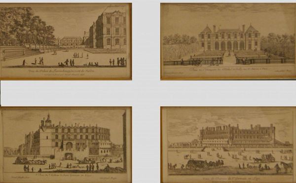 Quattro stampe, SCORCI DI PARIGI, fine sec.XIX, cm 21x12 (4)