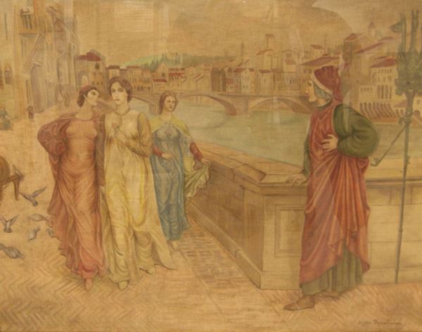 Succo d'erba, sec. XX  DANTE E BEATRICE firmato Lalage Vannelli, cm 112x143