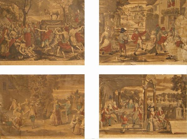 Quattro stampe , Francia, sec. XVIII  SCENE VARIE   cm 98x70 difetti e mancanze (4)