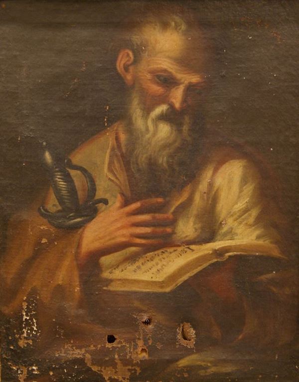 Scuola italiana, sec. XVIII  SAN PAOLO olio su tela, cm 67x56<br< danni