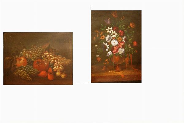 Coppia di NATURE MORTE alla maniera della pittura del Seicento e del Settecento  olio su tela, cm 51x66 e cm 74x56(2)