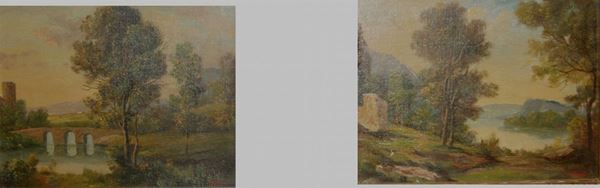 Coppia di dipinti, inizi sec. XX  PAESAGGI CAMPESTRI olio su tavola, cm 30x24  entro cornice (2)