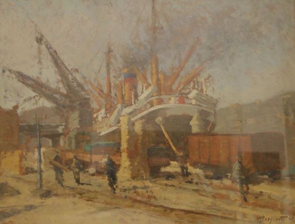 Mario Borgiotti (Livorno 1906-Firenze 1977)  PORTICCIOLO CON BARCA  olio su masonite, cm 40x50 datato 1947