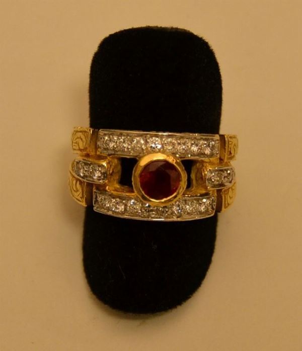 Anello in oro giallo e bianco a fascia larga ALICE con pavÃ¨ di brillanti montati a cinque stelle, marcato Torrini, gr. 14, brillanti 0,3 k