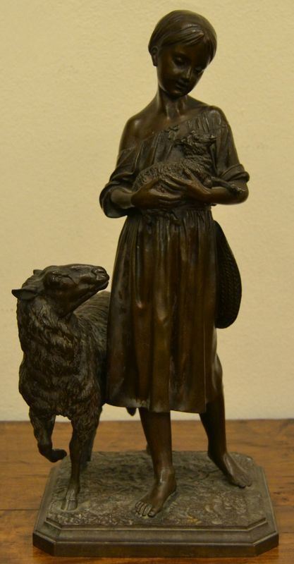 Scultura, Francia, sec. XIX, GIOVANE CON PASTORELLO, in bronzo, cm 42,  firmato L. PILE