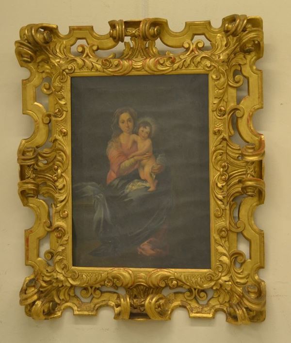 Scuola italiana, sec. XIX  MADONNA CON BAMBINO  olio su tela ,  cm 77x48, in cornice coeva intagliata e dorata
