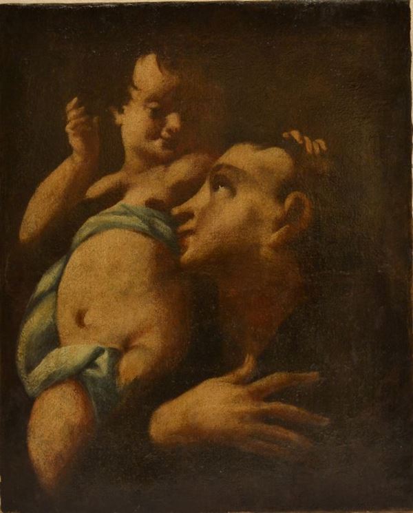 Scuola Veneta, secc. XVII-XVIII S.ANTONIO CON BAMBINO olio su tela, cm 42,5x53 senza cornice