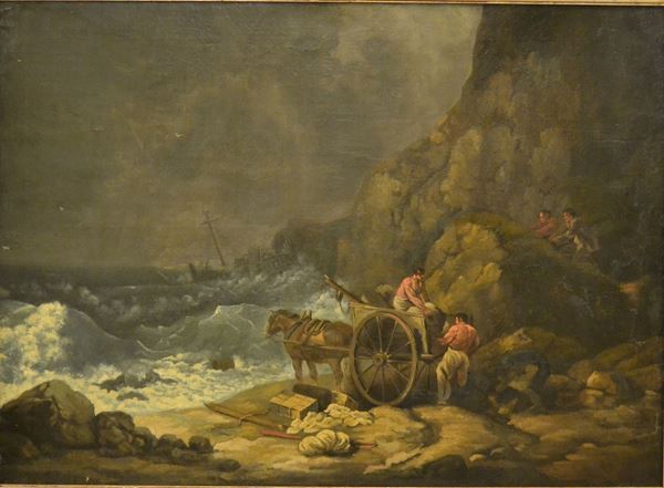 George Morland ( Londra 1763-1804 )  RECUPERO DEI BENI DA UN NAUFRAGIO  olio su tela, cm 76x104