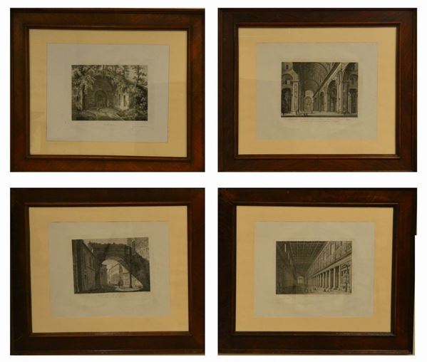 Quattro stampe, sec. XIX INTERNI E PAESAGGI cm 50x40 (4)