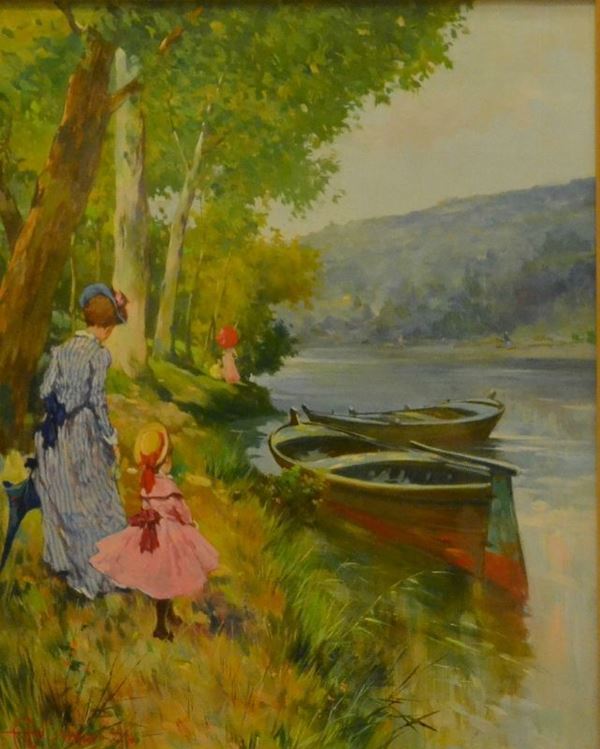 Aldo Affortunati ( Castelnuovo Garfagnana 1906-1991 )  LA PASSEGGIATA LUNGO IL FIUME  olio su cartone  cm 50x40
