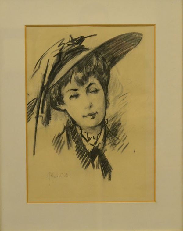 Aldo Affortunati ( Castelnuovo Garfagnana 1906-1991 )  DONNA CON CAPPELLO  cm 42x30