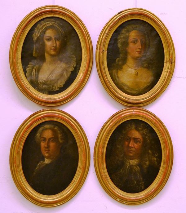 Scuola Italia settentrionale, sec. XVIII  ritratti di gentiluomini e di gentildonne  quattro dipinti ad olio su tele ovali, cm 80,3x57 (4)  - Asta Antiquariato, Orientale, Gioielli e  Argenti - Poggio Bracciolini Casa d'Aste
