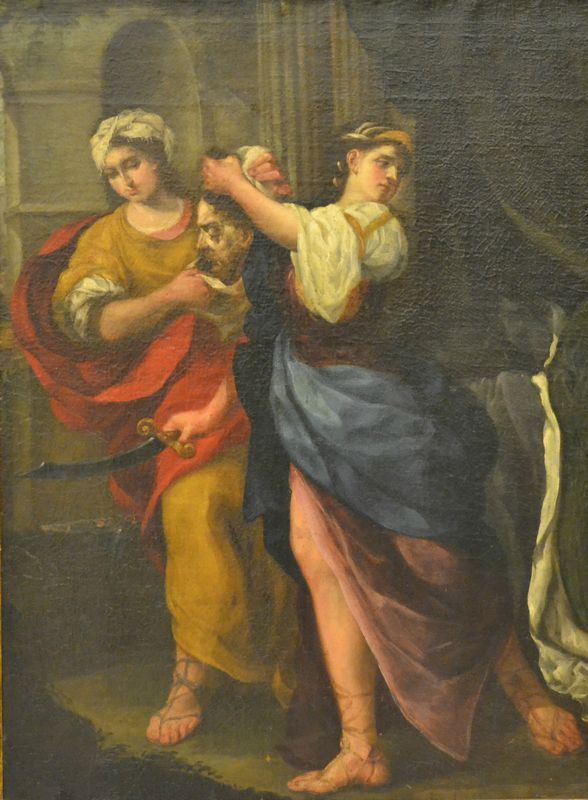 Scuola italiana, sec. XVIII  GIUDITTA e OLOFERNE olio su tela,  cm 75x99  entro cornice in cartapesta laccata e dorata  restauri