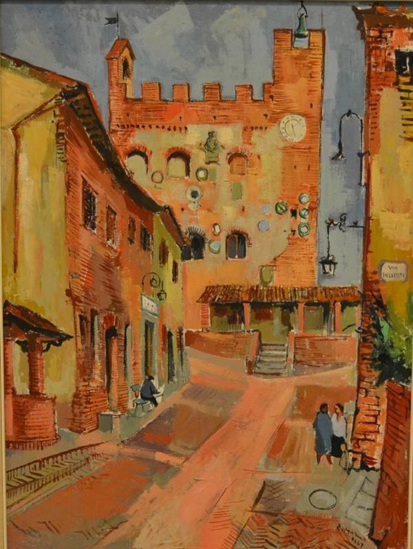 Rodolfo Marma ( Firenze 1923-1999 )  PALAZZO PRETORIO A CERTALDO  olio su tela, cm 80x60, datato 1967