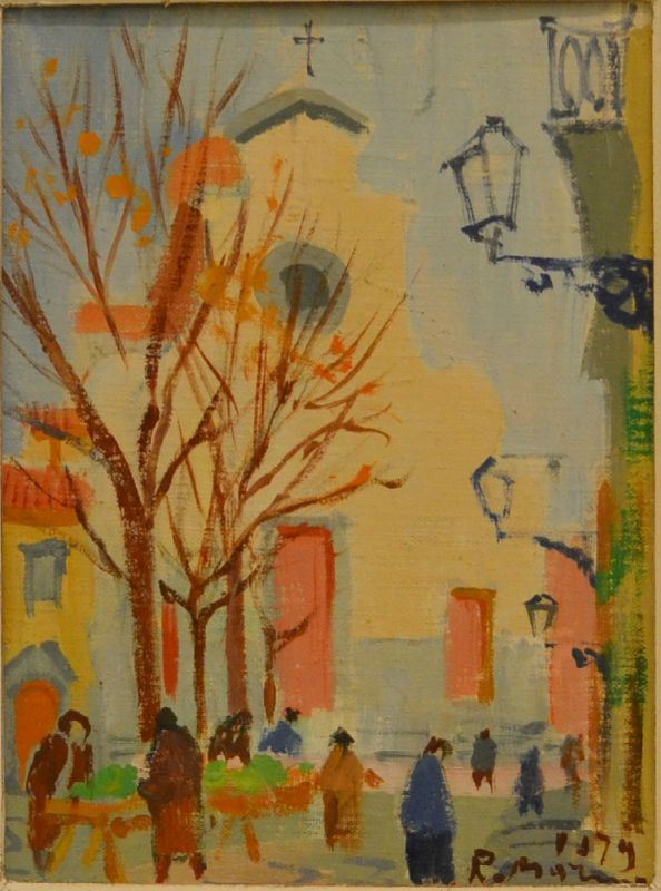 Rodolfo Marma ( Firenze 1923-1999 )  PIAZZA SANTO SPIRITO  olio su cartone telato,  cm 25x18 datato 1979