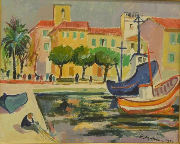 Rodolfo Marma ( Firenze 1923-1999 )  DARSENA A VIAREGGIO  olio su tela,  cm 40x50  datato 1973