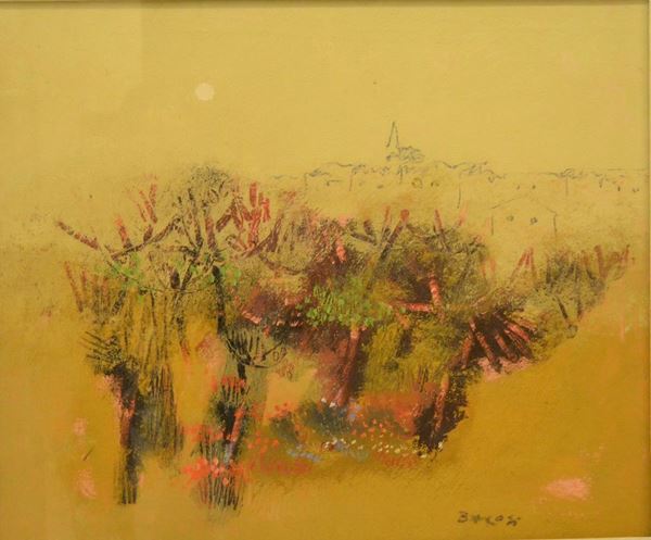 Manlio Bacosi ( Perugia 1921-1998 )  PAESAGGIO  tecnica mista su tela, cm 50x60  - Asta Antiquariato, Orientale, Gioielli e  Argenti - Poggio Bracciolini Casa d'Aste