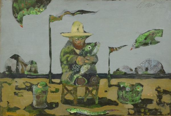 Antonio Possenti ( Lucca 1933 )  FIGURA SEDUTA CON PESCI olio su compensato, cm 20x30