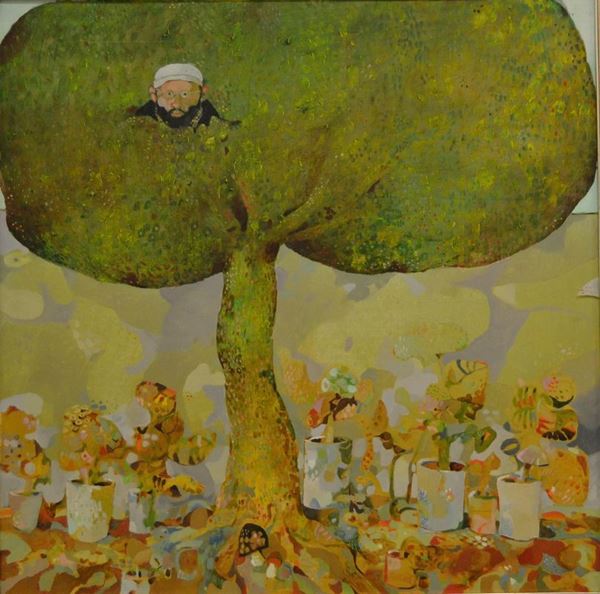 Antonio Possenti ( Lucca 1933 )  AUTORITRATTO SULL'ALBERO  olio su tela, cm 80x80  - Asta Antiquariato, Orientale, Gioielli e  Argenti - Poggio Bracciolini Casa d'Aste