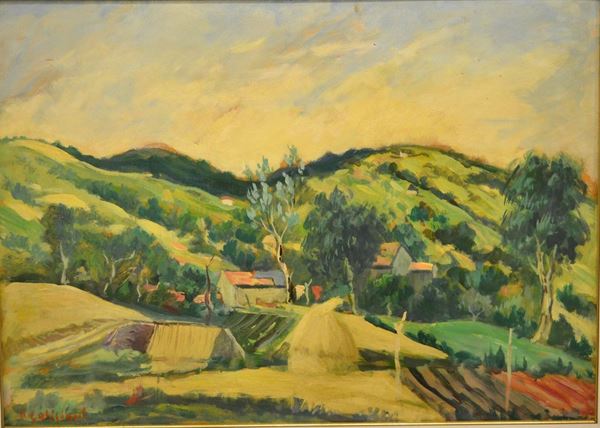 Alberto Caligiani ( Grosseto 1884-Firenze 1963 )  PAESAGGIO  olio su cartone, cm 52x73