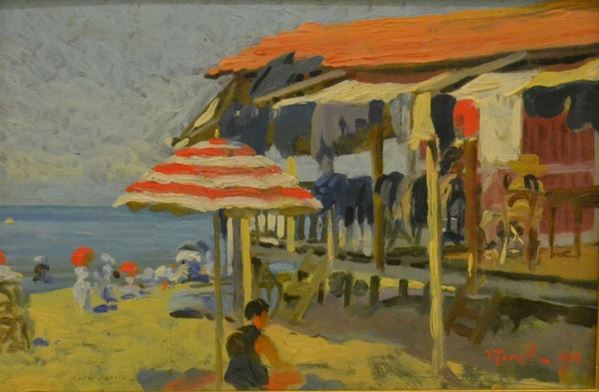 Vieri Torelli ( Firenze 1873-1959 )  CAPANNO AL MARE CON BAGNANTI  olio su tavoletta, cm 18x27 datato 1918