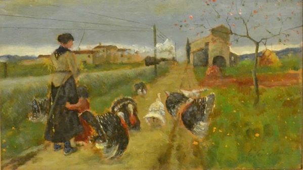 Gino Tommasi ( 1880-1942 )  PASTORELLA CON ANIMALI  olio su tavoletta, cm 17x30